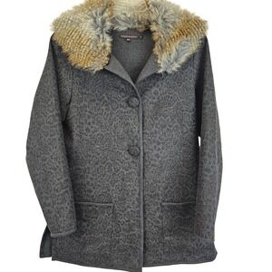 Robert Kitchen Canada Womens S Coat‎ Jacket Charcoal Grey Leopard Print Faux Fur